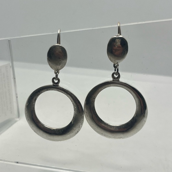 Modernist sterling silver disc hoop dangle earrings vintage - Picture 3 of 16